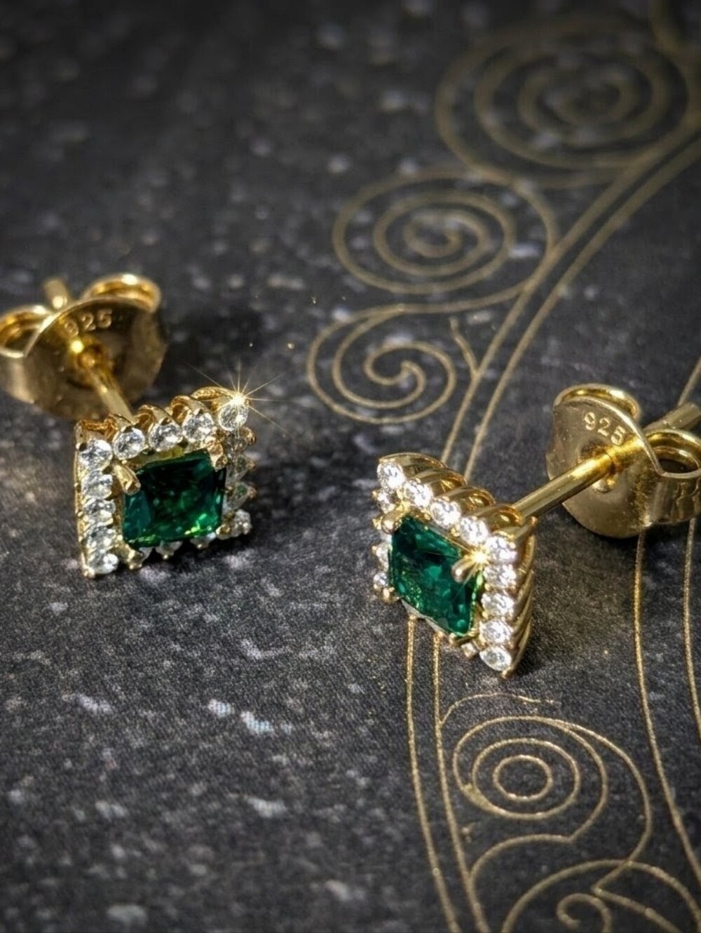 7mm Green Nano Emerald Square Halo Studs 18K Gold Vermeil 925 Silver | AAQuatif - Picture 8 of 9
